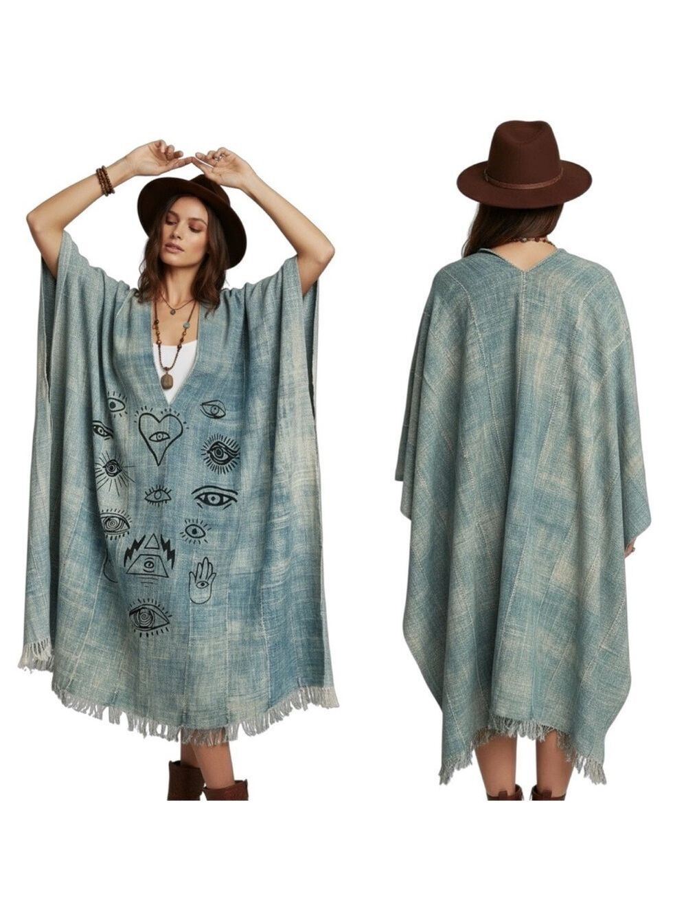 Handwoven Indigo Eye Print Kaftan Poncho OS Venice CA Artisan Boho Resortwear